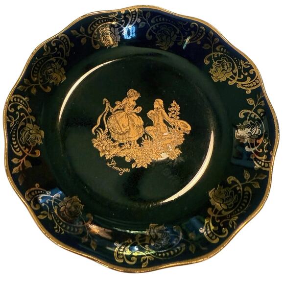 Limoges Other - Limoges Cobalt Deep Cabinet Plate • Gold Courting Couple • 4” • France